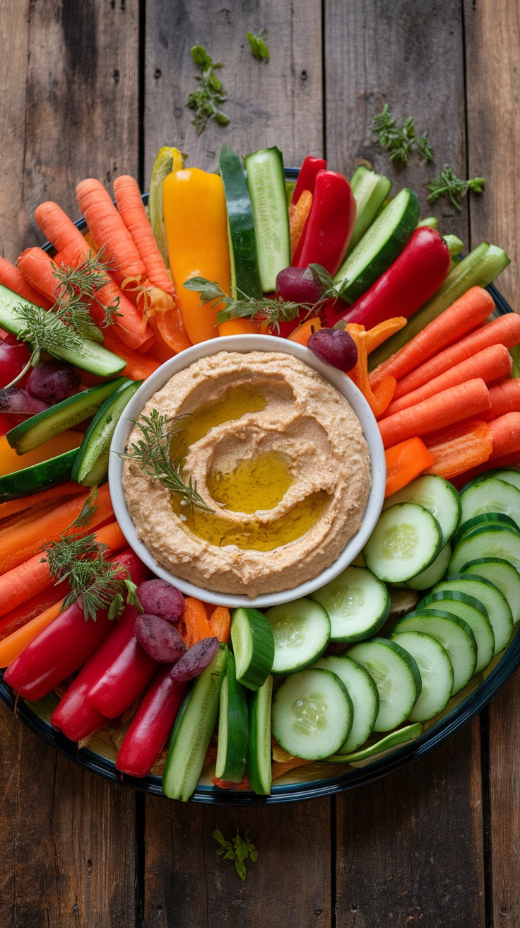 Colorful veggie platter with hummus, featuring carrots, bell peppers, cucumbers, and cherry tomatoes.